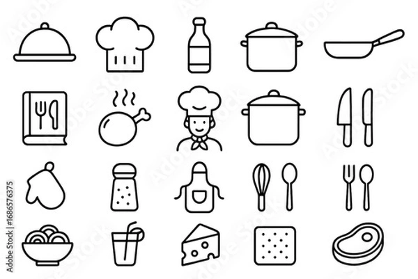 Fototapeta Food and cooking outline icon set. Culinary and kitchen vector collection. Line art symbols for restaurant, chef, recipe book, utensils, and meal preparation. Gastronomy.
