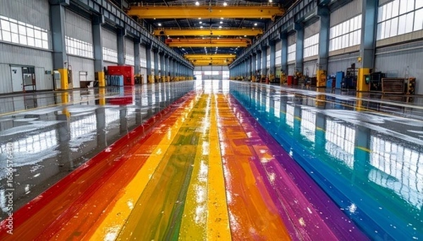 Obraz Vibrant Rainbow Design on Wet Warehouse Floor with Reflections