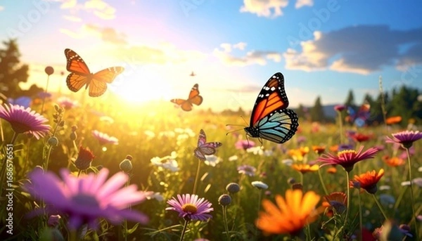 Obraz Vibrant Butterflies and Colorful Flowers in Golden Sunrise Landscape