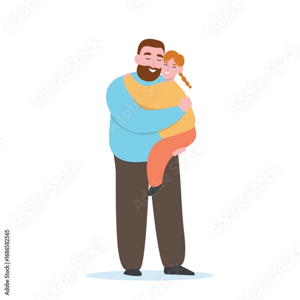 Fototapeta Dad and daughter together, hugging each other. Father cares and loves his child. Vector flat graphics.