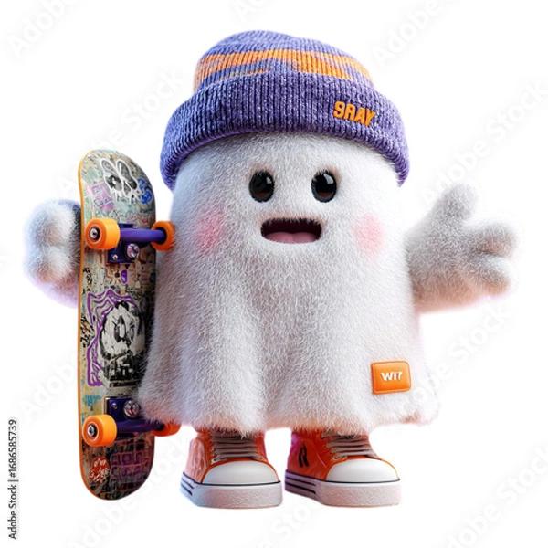 Fototapeta Ghost Skater Dude A cute ghost with skateboard on dark backdrop.