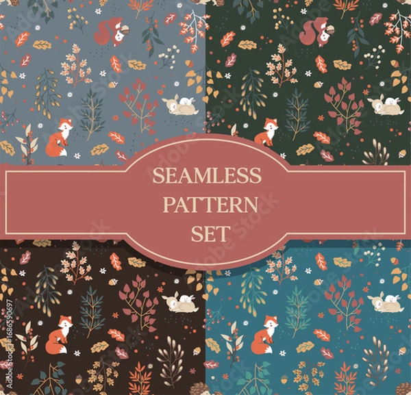 Fototapeta Set of 4 different vector seamless patterns with cute animals - fox, deer, squirrel, rabbit, hedgehog . A pattern of leaves and berries. For baby, woman .textiles, fabrics, souvenirs, packaging
