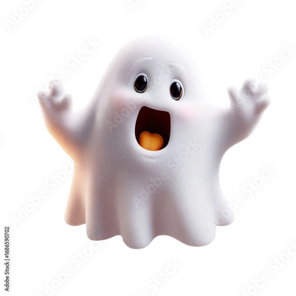 Fototapeta Ghostly Surprise Cute White Boo with Open Mouth and Raised Hands on Black.