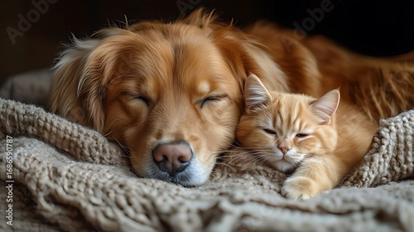 Fototapeta Warm Scene of Golden Retriever & Orange Tabby Cat: Sleeping Cuddled on Textured Beige Blanket, Dark Soft Blurred Background
