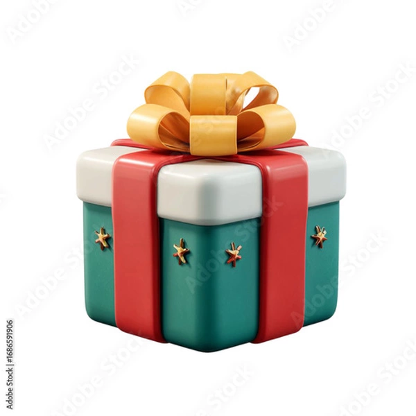 Fototapeta Gift Box Joy Festive present with gold bow  red ribbon on black backdrop.