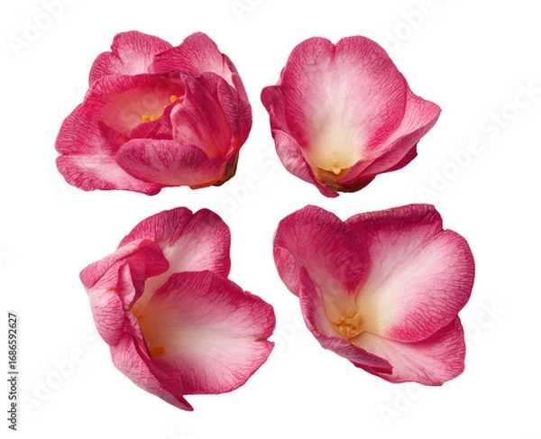Fototapeta Four delicate camellia flower petals arranged in a cross pattern.  Each petal displays a gradient of soft pink, transitioning to a creamy white, and has a subtle, central yellow-orange stamen. 