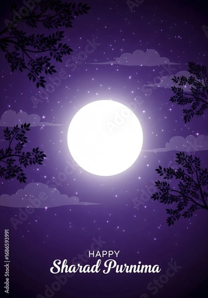Fototapeta Happy Sharad Purnima celebration with glowing full moon in purple night sky surrounded by stars, clouds, and tree branches symbolizing peace, devotion, and Indian cultural traditions