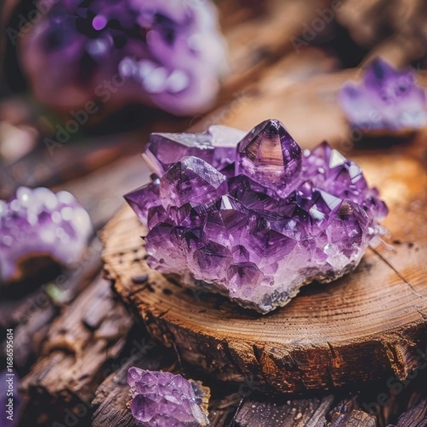 Fototapeta Magnificent close up of amethyst crystals resting on a wooden surface bathed in warm light