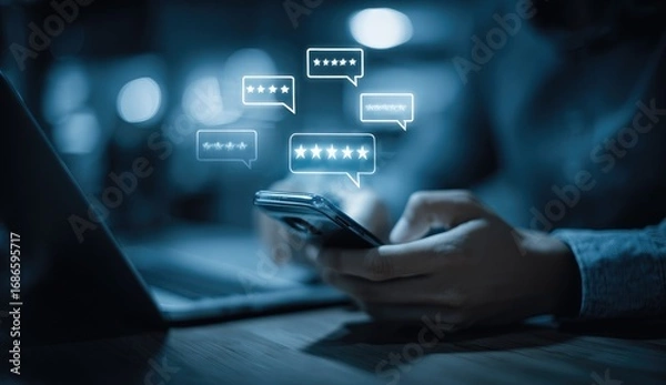 Obraz Mobile device usage with chat bubbles conveying feedback, glowing over hands & keyboard