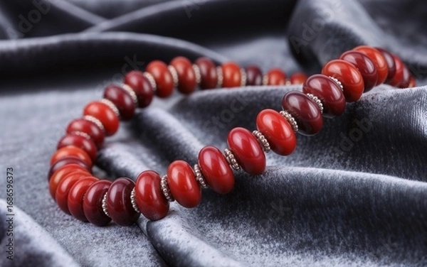 Fototapeta Close-Up of Polished Red Coral Beads in Round and Oval Shapes — Strung with Metallic Spacers, Glossy Texture and Vibrant Color Highlighting Craftsmanship and Cultural Elegance