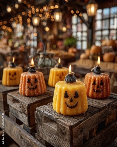Obraz Fall Market Scene with Halloween Products, handcrafted jack-o-lantern candles glowing warmly on rustic wooden crates in boutique fall fair, showcasing cozy festive decor and climate-resilient artisan