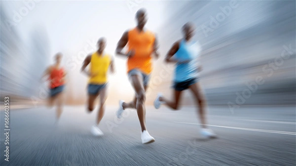 Fototapeta Group of runners in colorful outfits racing down city street, concept of marathon, competition, teamwork, fitness and speed with motion blur effect and copy space background.