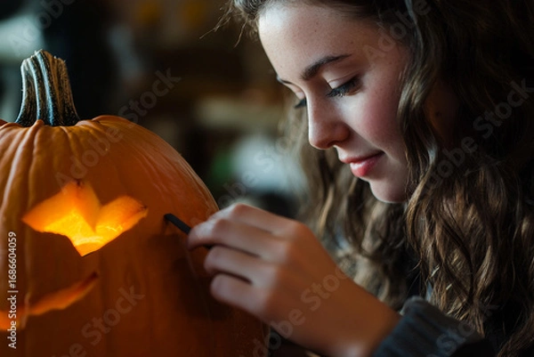 Fototapeta Happy excited family carving Helloween pumpkins making creepy face holiday preparation, Generative AI