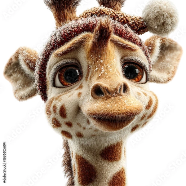 Fototapeta Giraffes Winter Warmth Charming Creature in a Snowy Knit Hat Closeup.
