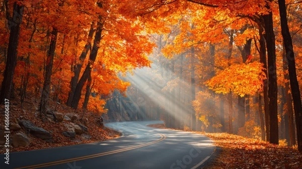 Obraz Leaf Peeping & Scenic Drives, tranquil forest road glowing under golden autumn foliage, sunrays filtering through trees and soft light showcasing peaceful seasonal escapes and climate-resilient rural