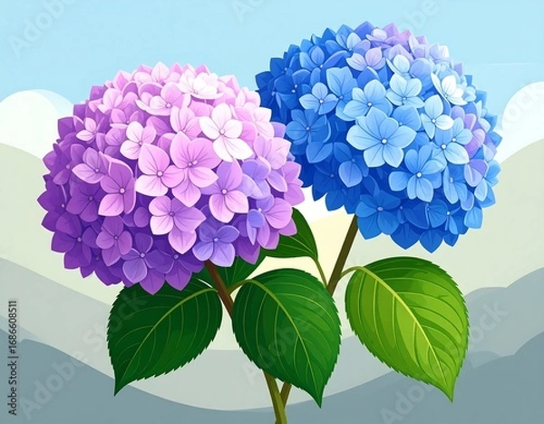 Obraz Two hydrangeas, purple and blue, bloom
