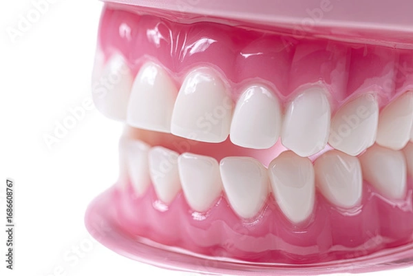 Fototapeta Close-up of a dental model, showing upper and lower teeth.  Pink gums, white teeth