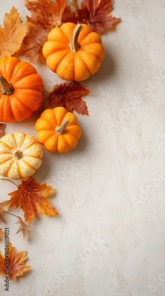 Fototapeta Vibrant pumpkins and autumn leaves create a festive Thanksgiving Day display on a textured background
