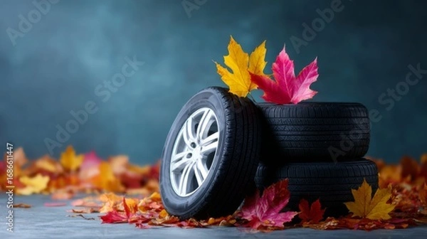 Fototapeta Car tire with wheel standing on a pile of colorful autumn leaves, next to a stack of seasonal tires for vehicle service.