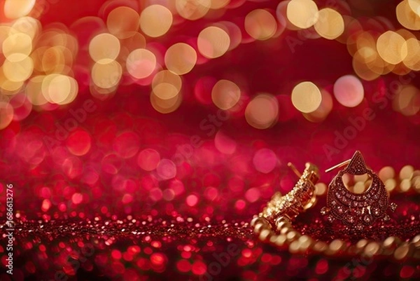 Fototapeta Vibrant Color Image of Gold Necklace and Earrings on a Red Background with Bokeh