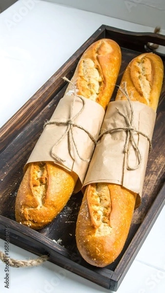 Obraz Two loaves of crusty bread on a tray
