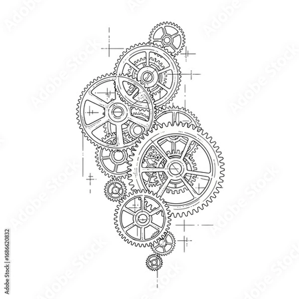 Fototapeta Industrial schematic tattoo of interlocking gears and cogs.