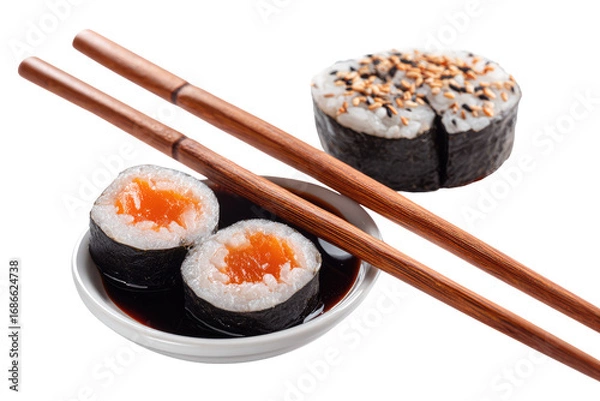 Fototapeta Close-up of sushi rolls with chopsticks and soy sauce. Two pieces of salmon sushi, neatly arranged in a small white bowl of soy sauce.  A third, sesame-topped sushi roll sits above.