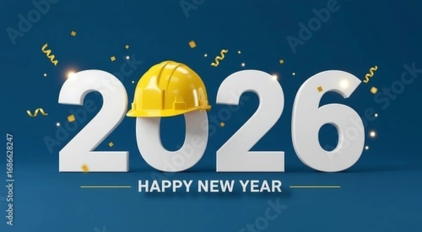 Fototapeta Happy New Year 2026 with a construction helmet, celebrating new beginnings for building and development projects