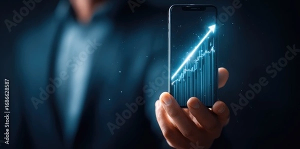 Fototapeta A hand holding a phone displaying a rising graph and arrow, suggesting growth. The background is a dark blur