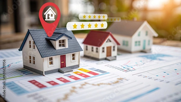 Fototapeta Miniature house models on financial charts with location pin and star rating icons, concept of real estate market analysis, property investment, house selection and customer reviews.