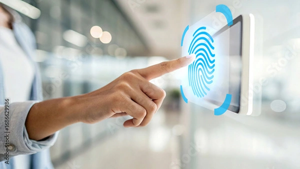 Fototapeta Close-up of a hand pressing digital fingerprint scanner on a transparent screen, biometric authentication technology for secure login and data protection, modern business background.