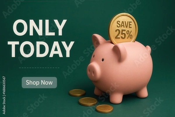 Obraz ONLY TODAY sale banner with SAVE 25% discount offer, modern clean style, engaging retail promotion.