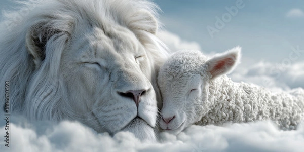 Obraz Extreme close-up, portrait of a majestic white lion and a peaceful sheep or lamb sleeping together on fluffy white clouds against a clear blue sky. Biblical symbolism. Generative Ai.