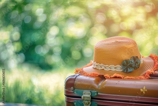 Fototapeta Ultra Hd Image of Packed Suitcase with Summer Hat Blurred Background with Copy Space