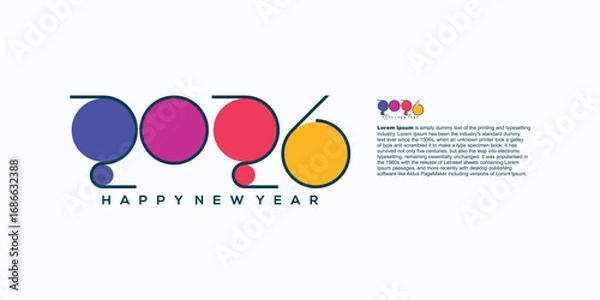 Obraz New Year 2026 greeting card with colorful numbers and text on a white background.