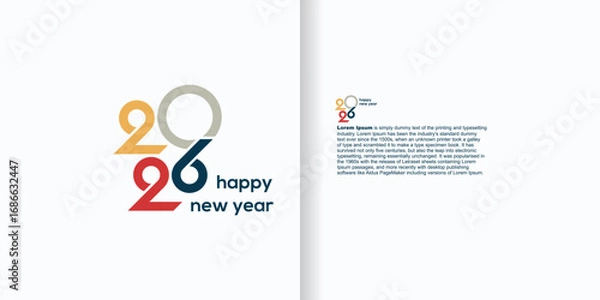 Obraz New Year 2026 greeting card with colorful numbers and text on a white background.