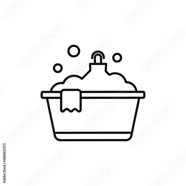 Fototapeta A black outline of a washbasin filled with suds A small towel hangs on the side Above the washbasin there is a faucet Bubbles float around the washbasin. Editable stroke. Icon vector illustration