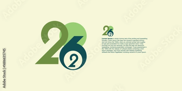 Obraz A graphic design featuring the number 2026 in various shades of green and blue in the shape of a billiard ball.
