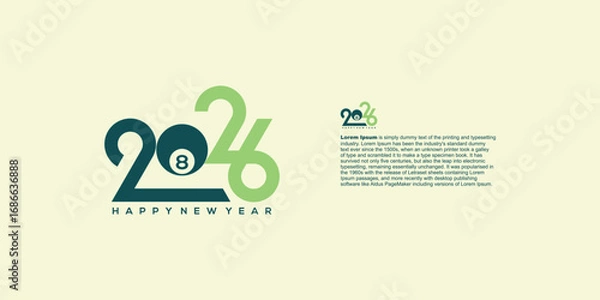 Obraz A graphic design featuring the number 2026 in various shades of green and blue in the shape of a billiard ball.