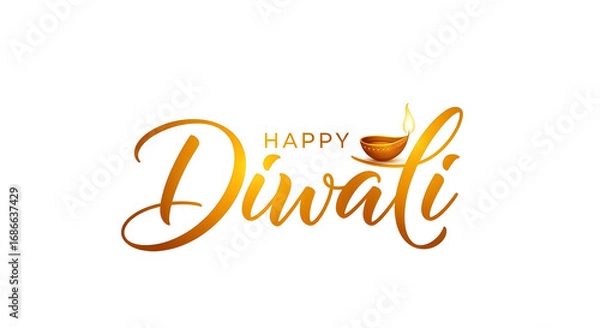 Fototapeta Celebratory happy diwali text with a golden diya lamp flame on a white background illustration