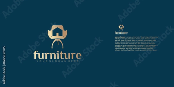 Obraz Elegant furniture logo design with a chair icon and company name on a dark blue background.