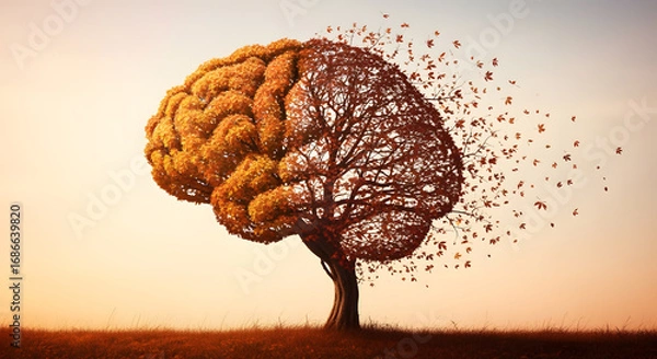 Fototapeta Tree Shaped Brain Artwork with Autumn Foliage in Sunset Light