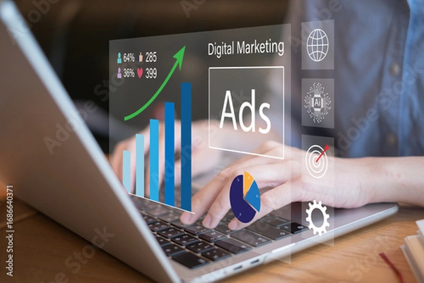 Fototapeta Data analysis chart information report e-business small business company corporate social media campaign promotion digital marketing online advertisement success growth management strategy concept