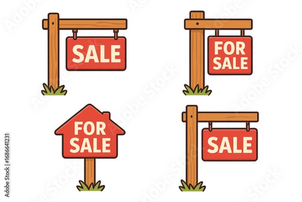 Obraz Sale and For Sale Icons Set, Real Estate Housing Signs, For Sale Advertisement Boards, Vector Cartoon Illustrations, Transparent Background, Ordered Set of 4