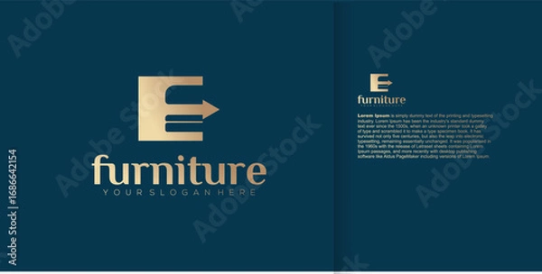 Obraz Golden furniture logo with the letter E and an arrow, set against a dark blue background.