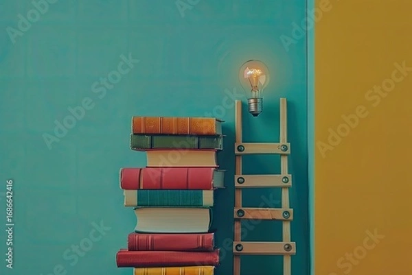 Fototapeta Cascade of Colourful Books Connected by Ladders Light Bulb on Top as Symbol of Ideas or Invention
