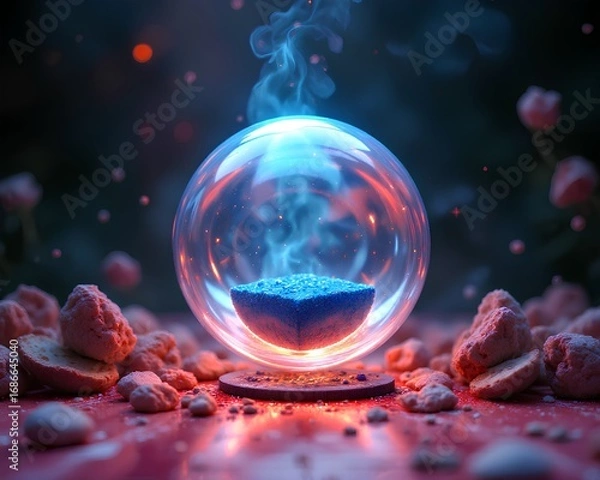 Fototapeta A crystal ball containing a glowing blue crystalline substance levitates, emitting magical smoke, over a red surface with scattered rocks in a dark setting.