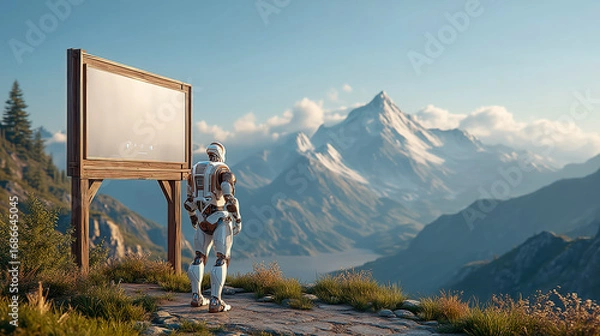 Fototapeta Futuristic humanoid robot standing in front of empty billboard on mountain top, gazing at breathtaking view of snow-capped peaks and vast valley under clear blue sky. Concept of solitude, exploration,