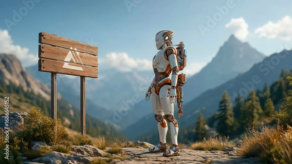 Fototapeta Futuristic humanoid robot standing in front of empty billboard on mountain top, gazing at breathtaking view of snow-capped peaks and vast valley under clear blue sky. Concept of solitude, exploration,