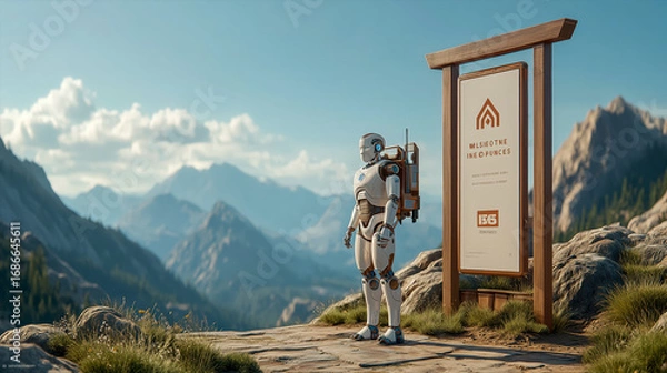 Fototapeta Futuristic humanoid robot standing in front of empty billboard on mountain top, gazing at breathtaking view of snow-capped peaks and vast valley under clear blue sky. Concept of solitude, exploration,